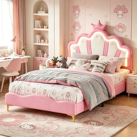 Lit princesse 140x190cm avec éclairage LED, lit double capitonné, tête de lit réglable, lit filles avec décoration couronne,sommier à lattes,lit ados，PU, ​​Rose