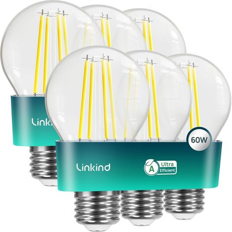 Ampoule LED E27 Vintage Ultra Efficace, 7,2W = 100W, 2700K Blanc Chaud, Classe Énergétique A, 1521lm, Angle 320°, A60 Verre Transparent, Lot de 6 (1/5)