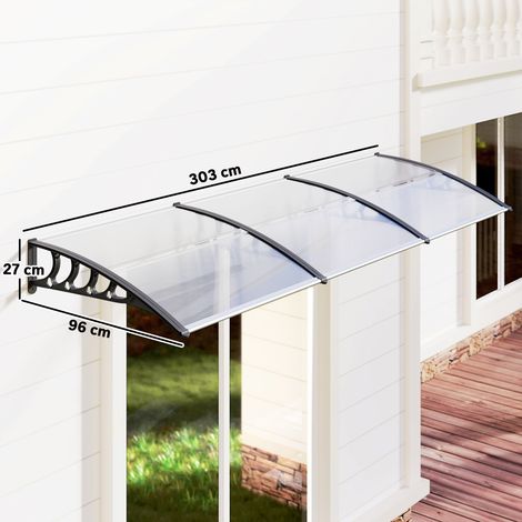 Toit en polycarbonate et aluminium pour balcons, fenêtres et portes, 303x96x27cm, noir et transparent. (1/5)