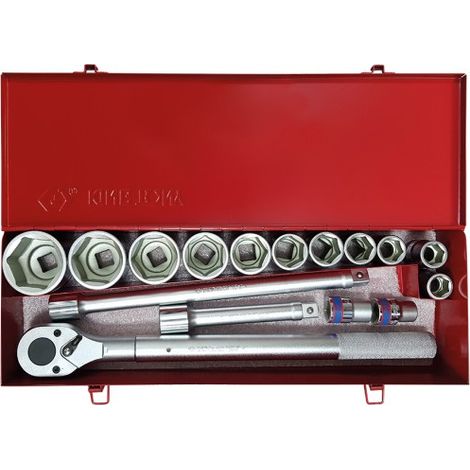 Coffret à douilles 3/4' 17 pièces 17 à 55mm – Type 6 pans – Angle de reprise 15° – Pour travaux de mécanique – King Tony