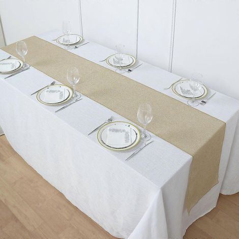 Chemin de table rustique bohème chic naturel 14 po x 108 po en lin, jute et toile de jute décorative (1/4)