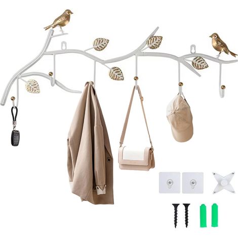 Porte-manteau mural avec oiseaux - 68 cm - Crochet mural en métal robuste pour manteaux, vestes, sacs, écharpes, chapeaux - Cadre décoratif moderne pour couloir, salon, bureau (noir) (1/5)