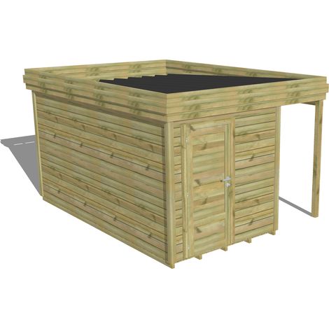 ABRI DE JARDIN bois Pin autoclave 27mm - 3,14x4,34m / 13,6m2 - Bac acier - Plancher bois (1/5)