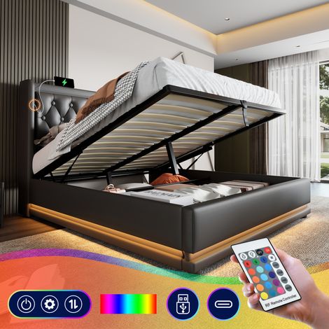 Polsterbett 160/200 cm schwarz aus PU mit Stauraum, USB-C und LED (1/5)