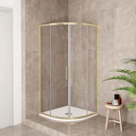 Box Doccia Semicircolare 90X90 cm H.190 Oro Spazzolato Porta Scorrevole Vetro 6 mm Trasparente Anticalcare, Piatto Doccia Bianco
