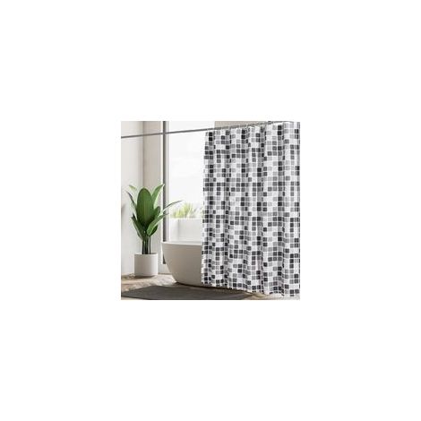 Rideau Douche Anti Moisissure, Rideau de Douche 180x180 cm, Poids Rideau Douche Tissu Polyester, Rideau Baignoire Imperméable, Lavable en Machine, avec 12 Crochets, Noir Blanc Gris Mosaïque
