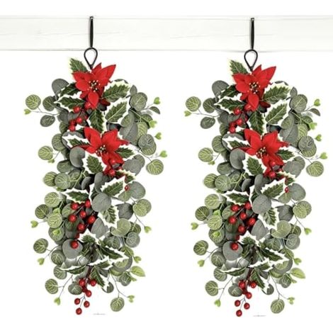 Lot de 2 poinsettias artificiels pour décoration de Noël Rouge (1/5)
