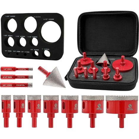 Foret Diamant Kit Trépan Carrelage 11 pièces (6/8/10/20/25/28/32/35/45/50/65mm+50mm Mèches Chanfrein Biseautées) Scie Cloche Diamantée pour Porcelaine Carrelage Marbre Granit (1/5)