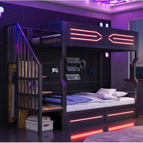 Bett 90x200 cm schwarz aus MDF und Metall, mit LED, Stauraumtreppe und Sicherheitsgeländer (1/5)