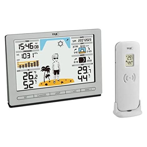 TFA Dostmann Estación meteorológica inalámbrica METEO JACK 35.1097.01, incluye transmisor exterior, con previsión meteorológica, presión atmosférica, fase lunar, reloj de radio, color plateado