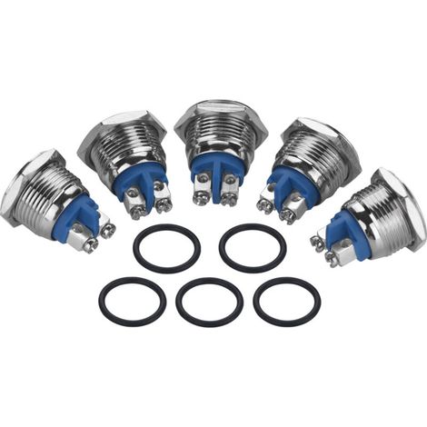 Lot de 5 mini-interrupteurs à bouton-poussoir étanches en métal 2 broches (tête plate), 16 mm, 250 V