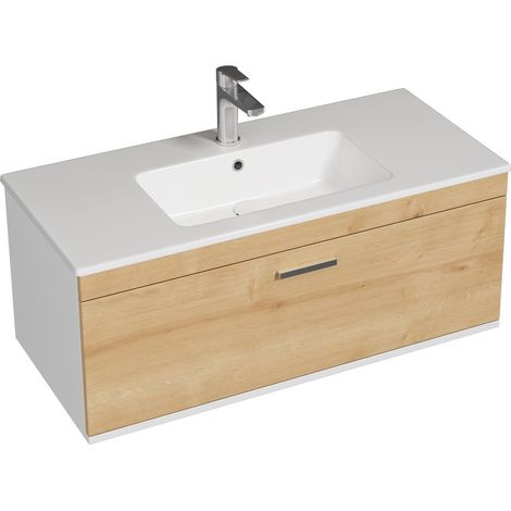 Saniverre – Meuble salle de bain simple vasque 1 tiroir chêne clair 100 cm – Tiroir coulissant soft-close – Vasque céramique à encastrer incluse (1/5)