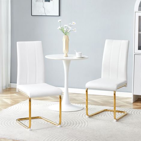 Chaise blanche en cuir PU,cadre métallique robuste à aspect doré – Chaise élégante pour salle à manger et salon(MI)