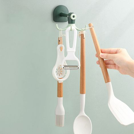 Support Pour Ustensiles De Cuisine - 6 Crochets Pivotants 360° - Fixation Adhésive Ou Sur Surface Plane - Charge Maximale 5 Kg - PP - Multicolore (1/4)