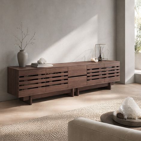 Mueble TV moderno 200 x 39,5 x 55 cm en aglomerado y MDF, color nogal (1/5)