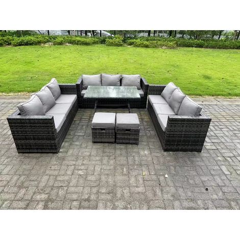 Fimous 11-Sitzer Gartenmöbel Lounge Sofa Set mit Patio Esstisch 2 kleine Fußhockern Dunkelgrau Gemischt