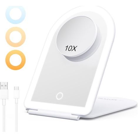 Miroir Maquillage Lumineux Portable avec Grossissant 10X, Miroir à Coiffeuse LED Tactile Réglable - Éclairage 3 Couleurs, USB Rechargeable pour Voyage et Chambre, Blanc (1/4)