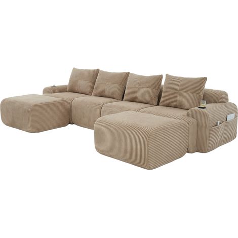 Canapé modulable en velours côtelé pour 4 personnes (avec 2 poufs), combinable librement, avec porte-gobelet et poche de rangement latérale, idéal pour le salon, la salle familiale et d'autres pièces,