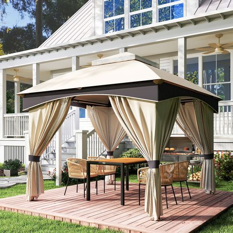 3x3m Stahl-Gartenpavillon mit Doppeldach und Vorhängen, Beige und Grau