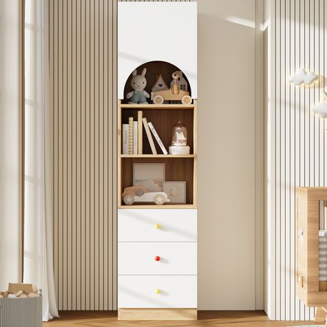 Bibliothèque haute blanche et bois avec porte, 3 tiroirs et 3 étagères, 50x50x200 cm (1/5)