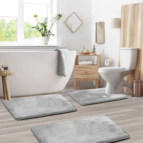 Tapis de Bain - Mousse à Mémoire de Forme - Antidérapant PVC - Absorbant Microfibre - Lot de 3 (1/5)