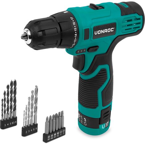 VONROC Akku-Bohrschrauber 12V – inkl. Akku, USB-C-Kabel & 16-teiligem Bohrer- und Bit-Set
