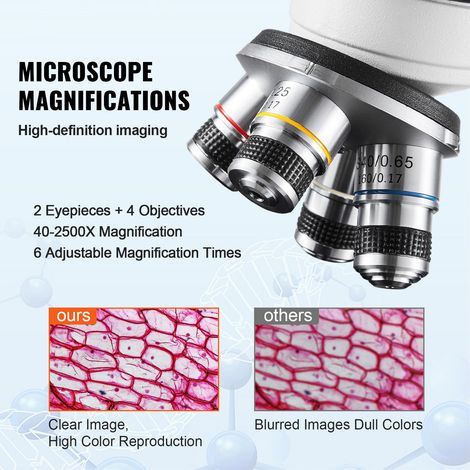Microscope biologique binoculaire 40X-2500X, éclairage LED, platine mécanique double plateau, avec support téléphone et lames de verre (1/5)
