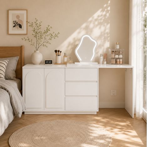 Toeletta 140x40x75 cm in truciolare bianca con specchio LED salvaspazio – MEUBLIV (1/5)