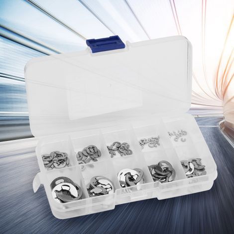 120PCS 10SIZE 304 en acier inoxydable e-clip extérieur anneau de sécurité Snap anneau intérieur anneau assortiment kit avec boîte en plastique (1/5)