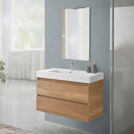 Mobile bagno sospeso 90 cm in rovere naturale con due cassetti e lavabo in resina Nadia (1/5)