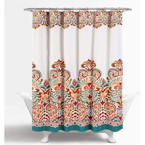 Lush Decor Clara Rideau de Douche en Tissu coloré imprimé Cachemire bohème, Motif damassé, Turquoise, Mandarine 183 x 183 cm (1/5)
