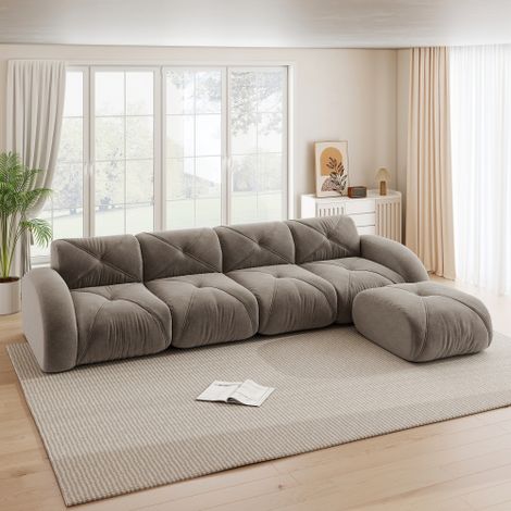 fauteuil en forme de L, canapé modulable, canapé d'angle quatre places adapté au salon, côté inférieur antidérapant, pas de montage nécessaire, canapé modulable avec appui-pieds, marron (1/5)