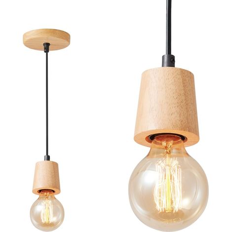 Suspension Luminaire Bois Naturelle Lampe Industrielle Vintage Lustre Chambre Nordique E27 Lampe pour Cuisine Salle à manger Restaurant Loft Bar (1/4)