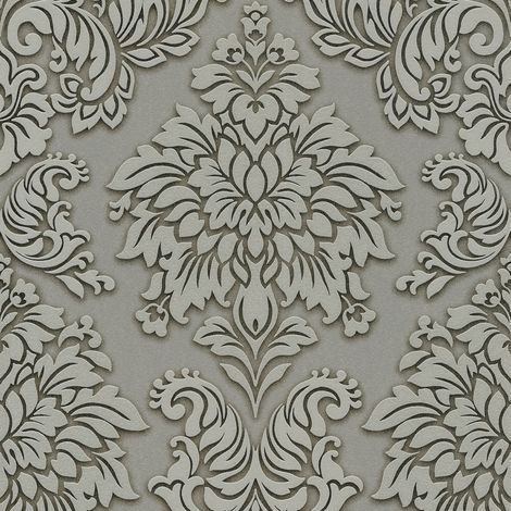 Carta da parati barocca Profhome 368981 Carta da parati TNT leggermente strutturata in stile barocco luccicante grigio argento beige 5,33 m2