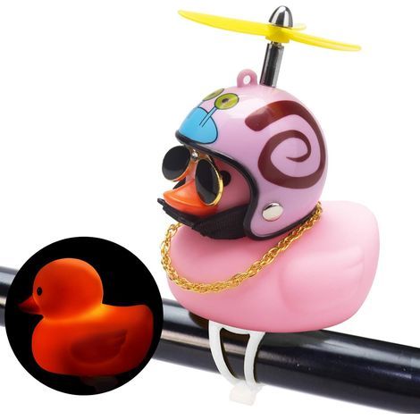Ornements de voiture canard en caoutchouc rose, sonnette de vélo canard, décorations de canard rose pour tableau de bord de voiture, cornes de vélo canard à presser avec casque à hélice, bandage et ch (1/5)