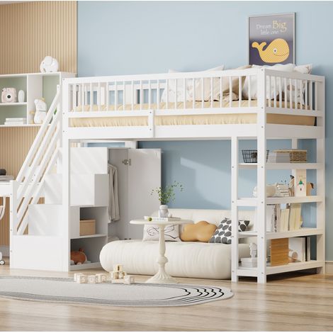 Lit mezzanine 90x200 cm en bois massif, blanc, avec armoire, etageres, rangements et echelle de securite (1/5)