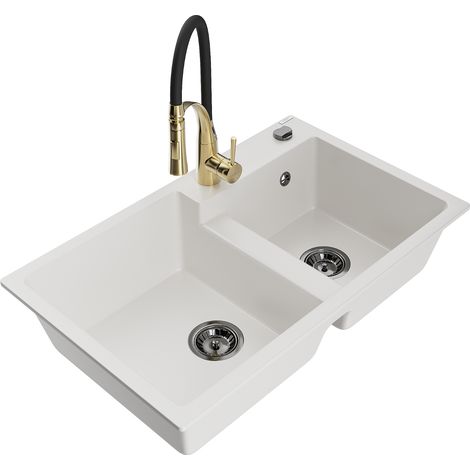 Mexen Tomas fregadero de granito de 2 compartimentos con grifo de cocina Aster, blanco - 6516-20-73450-57-B (1/5)