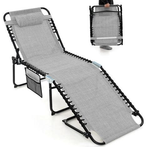 Chaise Longue Pliante avec Appuie-tête Amovible Dossier Réglable à 4 Positions Acier Antirouille pour Camping Terrasse, Gris (1/5)