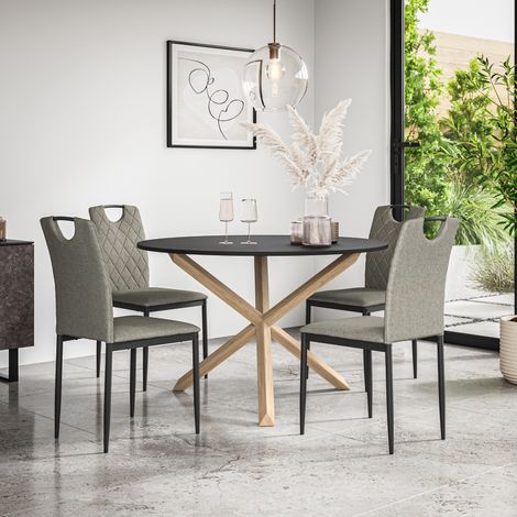 Malvern Round Dining Table And Chairs -  Black Table Top w Solid Oak Legs + Monza Fabric Dining Chair Set Of 4 (Grey) (1/5)