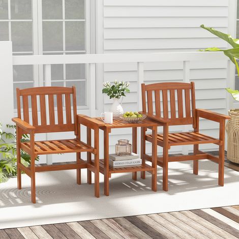 Ensemble bistrot 3 pièces en bois avec trous pour parasol, rangement 2 niveaux et assises à lattes pour terrasse, patio et jardin (1/5)