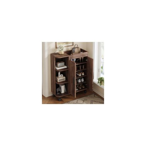 Meuble à chaussures étroit aspect bois 80x32x99 cm avec 2 portes, niches ouvertes et tablette supérieure pour entrée ou petits espaces (1/5)