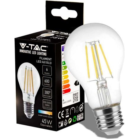 V-TAC Lampadina LED Attacco E27 da 6W A60 Filamento Bianco Caldo (1/5)