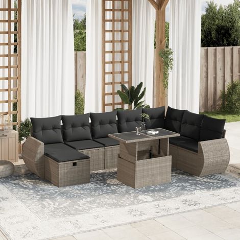 Set muebles jardín 9 pzas y cojines ratán sintético gris claro vidaXL (1/5)