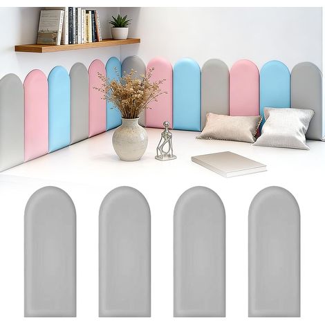 Lot de 4 panneaux muraux 3D, 20 x 40 cm, coussin mural autocollant, rembourré, en polyuréthane, imperméable, pour chambre d'enfant, anti-collision, tête de lit, gris (1/5)