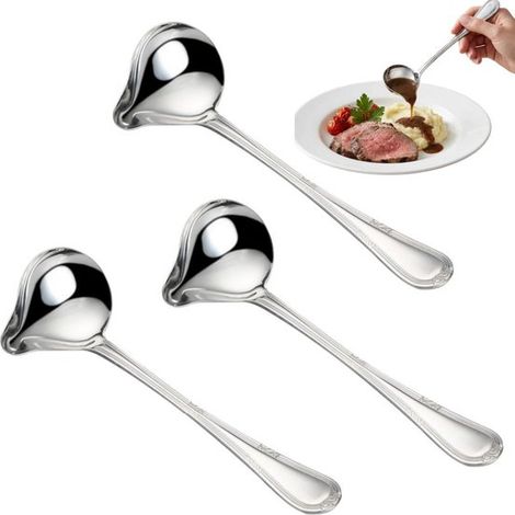 3 teiliges Set: Soßenkelle, Saucenkelle, Rührlöffel, Edelstahllöffel, Mini Servierlöffel, Salatlöffel, mit Ausgießer, rostfrei und langlebig, sil (1/5)