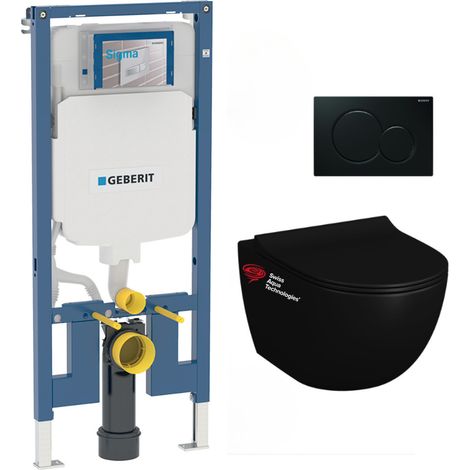 Pack WC Bati-support Geberit slim + WC Swiss Aqua Technologies sans bride Noir mat + Abattant softclose + Plaque