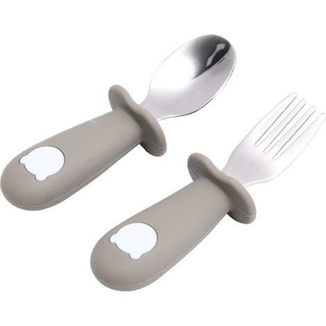 Lot de couverts bébé A5 gris vert : fourchettes et cuillères en acier inoxydable alimentaire, manche silicone mignon et simple, ustensiles sécurisés pour enfants. (1/5)