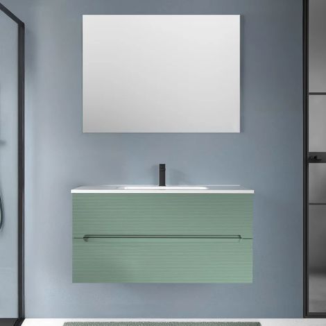 Mobile bagno sospeso 100 verde cannettato 2 cassetti lavabo e specchio Rigo (1/5)
