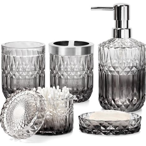Ensemble d'accessoires de Salle de Bain, 5 pièces, Distributeur de Savon en Verre, Porte-Savon, Porte-Brosse à Dents, gobelet, Pot à Cotons-tiges (dégradé (1/5)