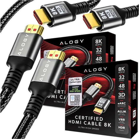 2 x HDMI 2.1 Alogy Kabel, 2 m, 8K Premium Ultra High Speed, 60 Hz, 48 Gbit/s, Schwarz (1/5)